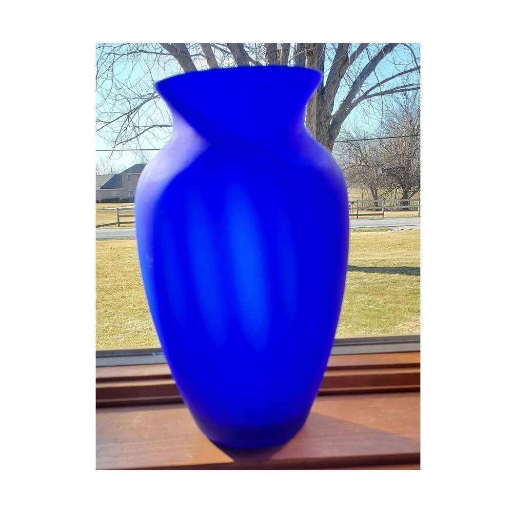 Beautiful Blue Frosted Glass Vase, Shines in the Sunlight, 10.5" tall